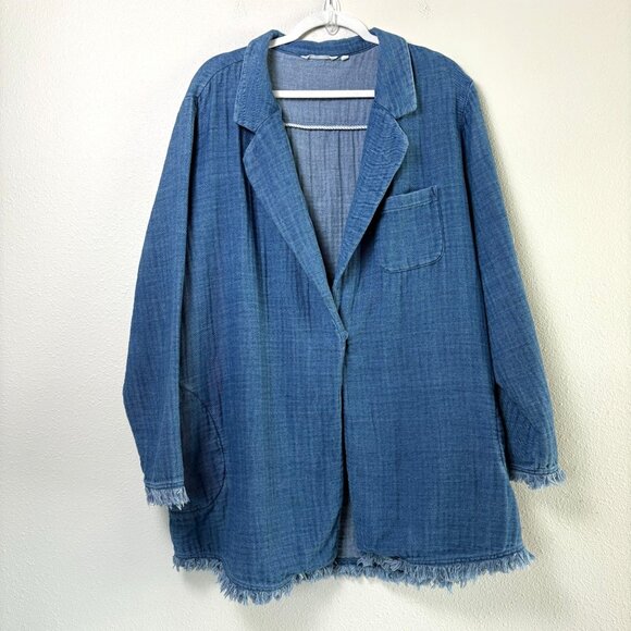 Soft Surroundings Chambray Denim Frayed Edge Jacket Size 3X Blue Pockets Artsy - Picture 1 of 12